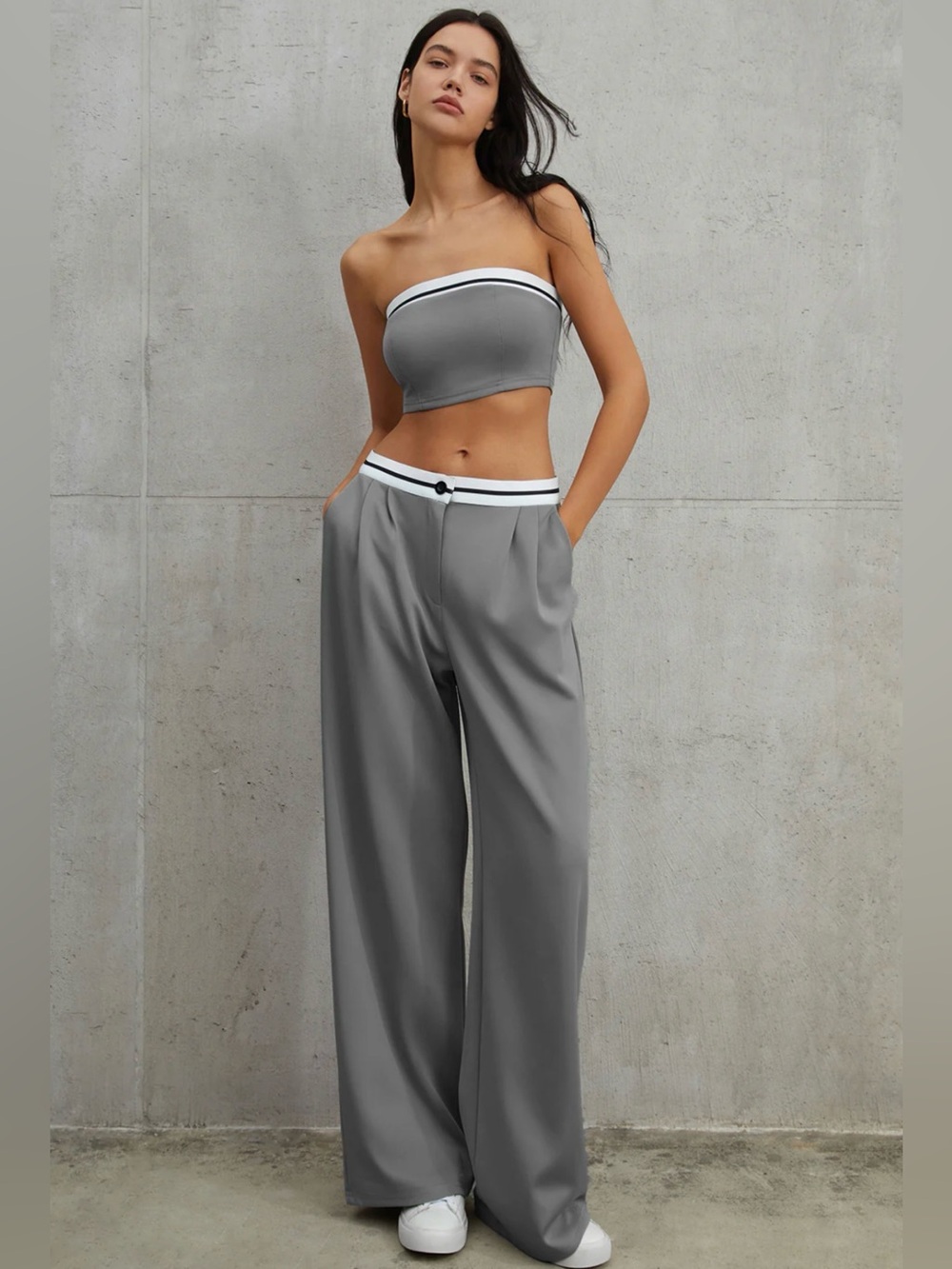 Commense Tube Top Two Piece Contrast Waistband Pants Set size L